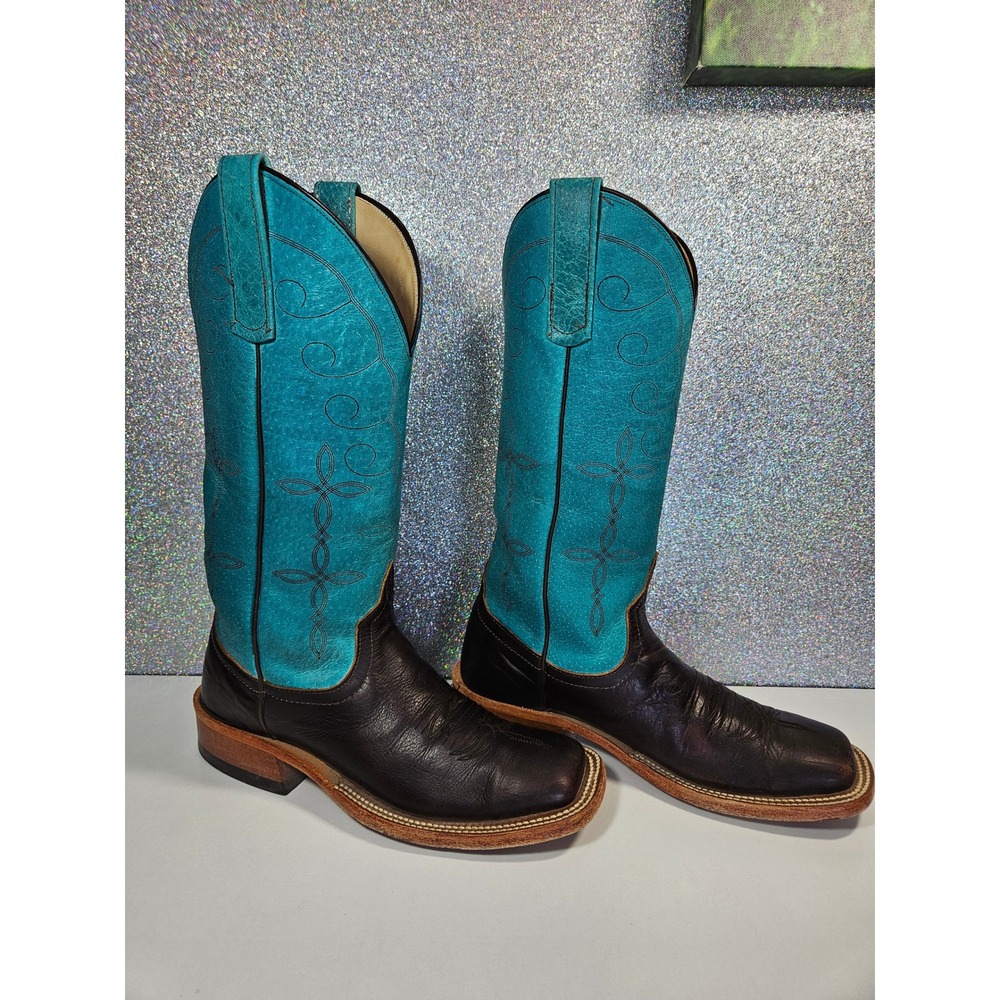 ANDERSON Bean Women's 6B Brown Turquoise Leather Square Toe Cowboy Western Boots - Picture 2 of 9